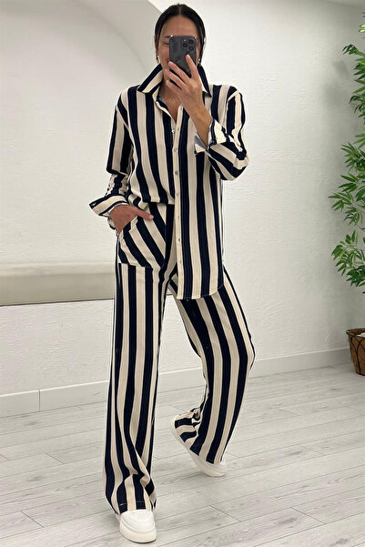 My Blog Navy Blue Striped Woven Shirt Pants Set