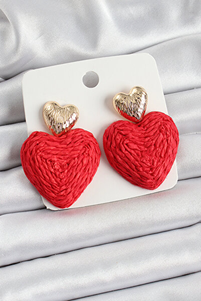 blackpure Red Heart Figured Straw Knitted Model Gold Color Women's Earrings