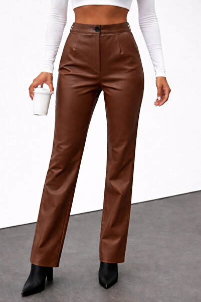 BORCKA TEKSTİL Camel Renk İçi Polarlı Suni Deri Kadın Pantolon