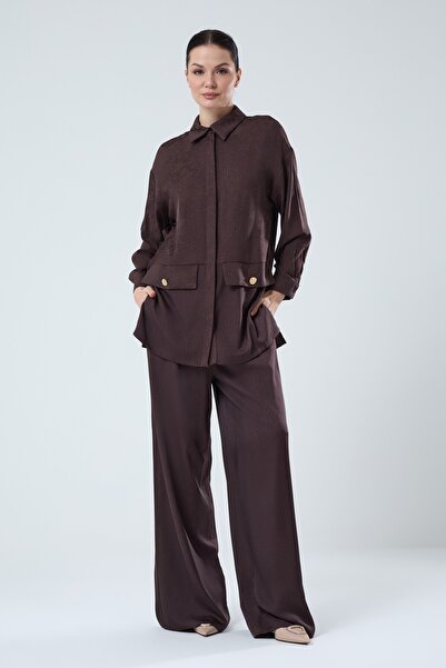 Jupe Kadın Cepli Jakarlı İpek Kupra Takım 8596