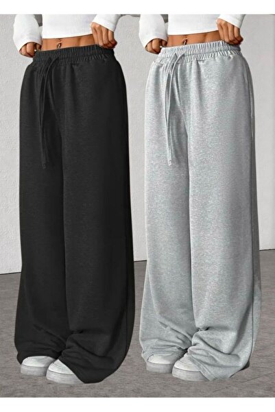 cavın Δύο τεμάχια μαύρο-γκρι άνετο φούτερ παντελόνι με ίσια μπατζάκια