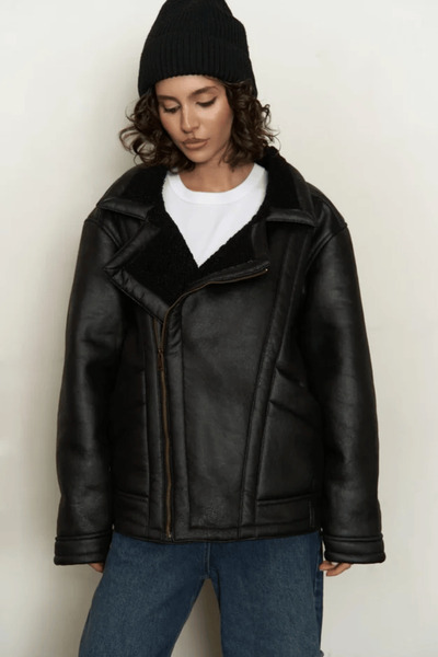 My Blog معطف جلد أسود مع فرو من الداخل