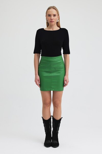 Lijuri Green Pocket Detailed Leather Premium Mini Skirt 4072 R5-I-K1