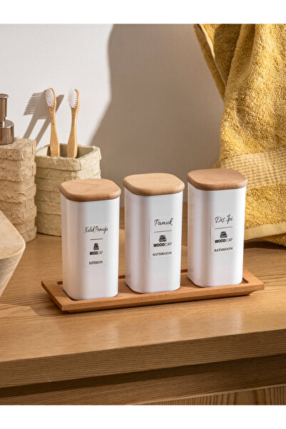 WOODCAP 3-Piece Acrylic Earwax-Cotton-Floss Organizer with Wooden Lid and Woo...