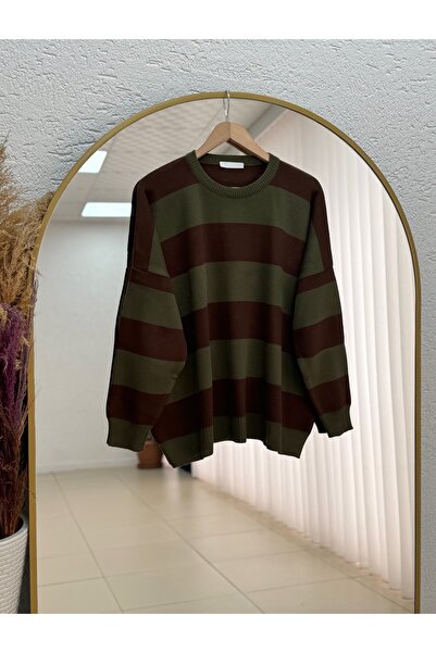 MİHRA STORE Sevim Thick Striped Knit Sweater-Zi̇5268 Khaki
