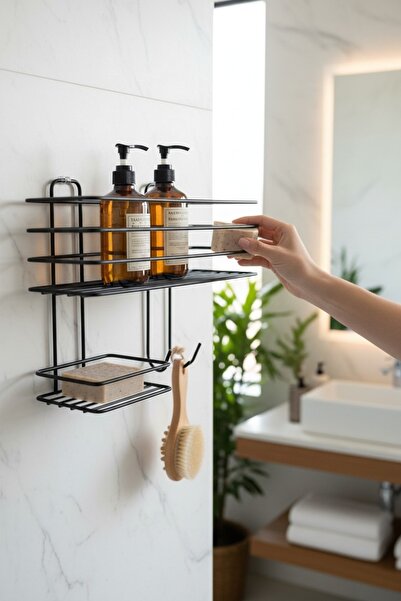 UG Home Black Hooked Soap Holder with Compartments Bathroom Shower Shelf Bath...