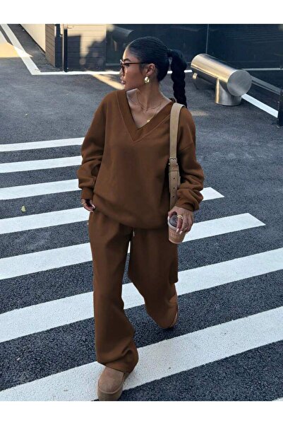 Machetta Women's V-Neck Sweatshirt Sweatpants 3 Thread Double Set