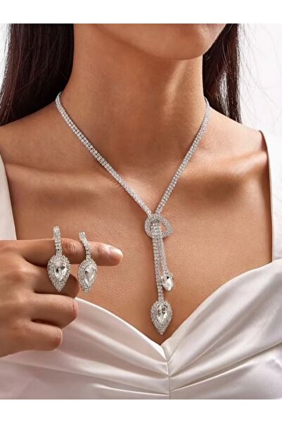 Alyas Aksesuar Zircon Stone Necklace Earring Set with Water Drop Design