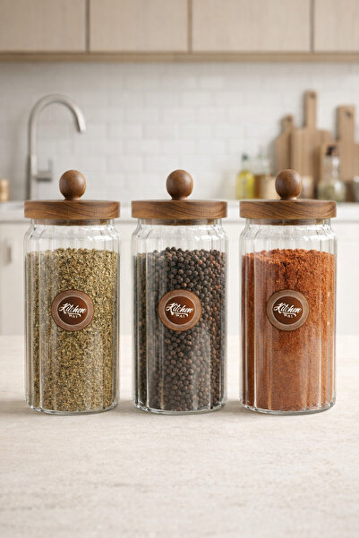Kitchen Way Acacia Gasket Lid Striped 3-Piece Borosilicate 1200ml Jar Set Kw-763