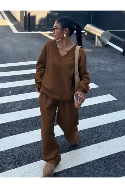 NoVibe Women's V-Neck Sweatshirt Sweatpants 3 Thread Double Set