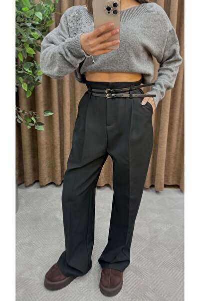 Maysa بنطلون مطوي بجسر مزدوج - أسود