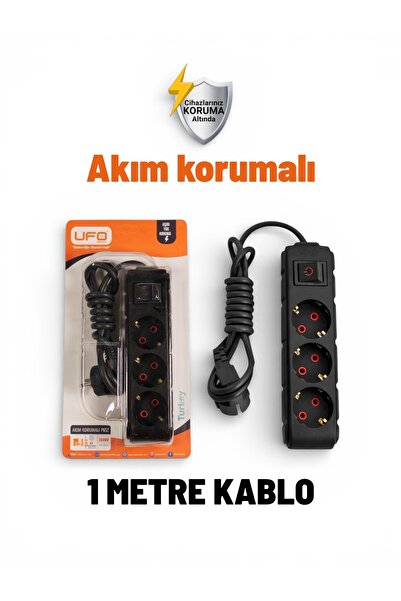 UFO Akım korumalı seyyar grup priz kablolu topraklı 1 metre ((siyah renk )) 3...