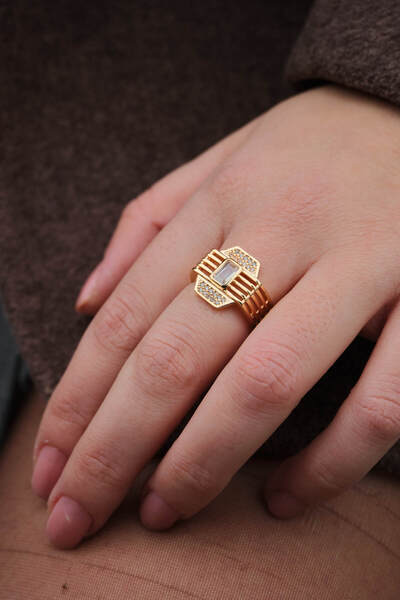 ByFlorya Jewelry Vip Stone Baguette Geometric Ring Free Size Adjustable Front...