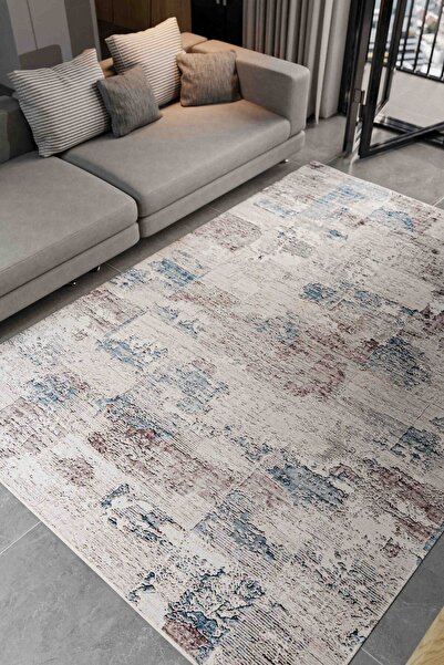 Serente Home Retro Desenli Makine Halısı Yıkanabilir Kaymaz Taban Krem Gri Şö...