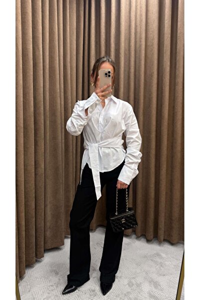 Maysa KUŞAKLI BEL OTURTMALI TASARIM GÖMLEK-BEYAZ