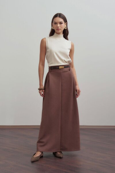 ALLDAY Fusta din piele intoarsa scuba cu detaliu maro-petruza