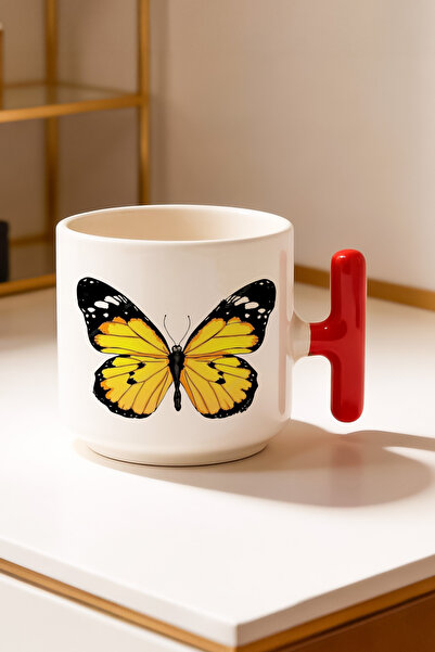 BB TRADE Red T-Handle Ceramic Printed Mug Cup with Yellow Butterfly Design 25...