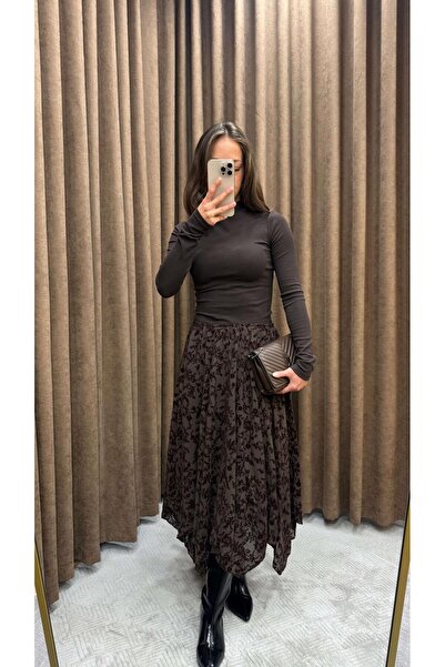 Maysa KAHVE DESENLİ ASİMETRİK TÜL ETEK