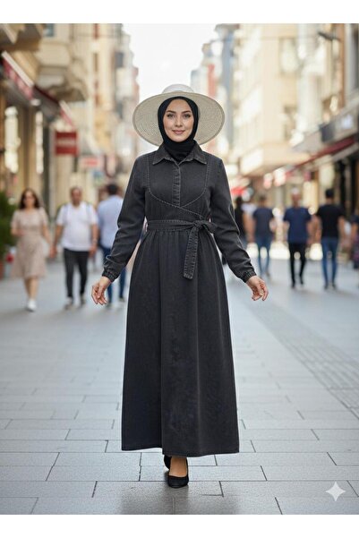 AXXAN Women's Black Denim Dress with Half Placket, Buttoned Pockets, and Back...