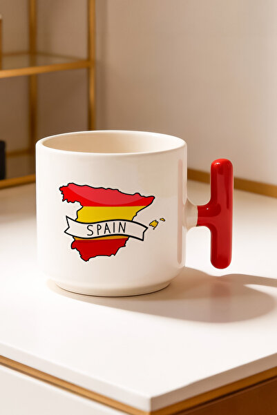 BB TRADE Spain Designed Red T-Handled Ceramic Printed Mug Cup 250 ml