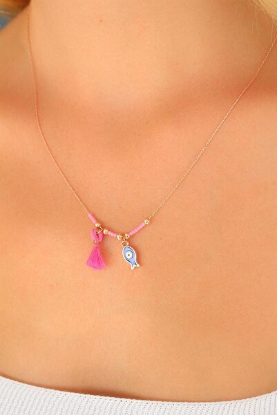 blackpure Pink Stone Rose Necklace with Evil Eye Beads