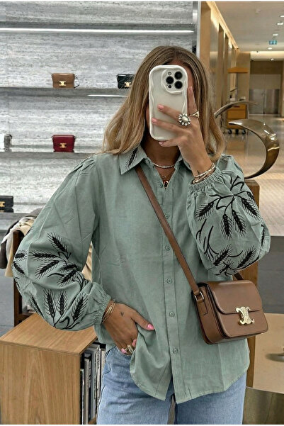 FEMELLE Women's Green Balloon Sleeve Shirts with Gathered Embroidery Detail a...