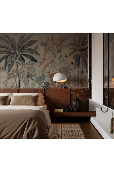 Tasarım Tropikal Geniş Yapraklar Ağaçlar ve Hayvanlar Kiremit Renk Detaylı Ko...