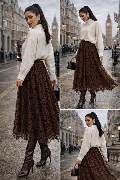 Gugus Women's Flock Printed Lined Tulle Asymmetrical Skirt