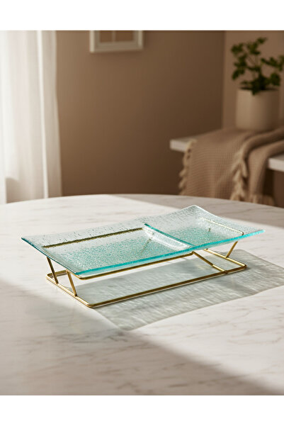 REDTAG Gold Rectangle Serving Platter With Stand (2 Piece)