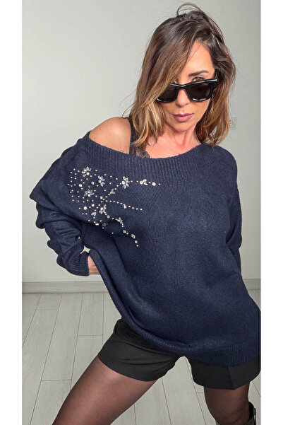 ABBRA Women's Shoulder Stone Embellished Sweater