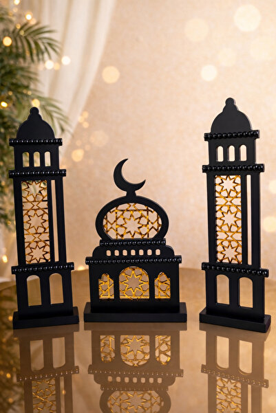 Modern shop A set of three Islamic minarets in wooden decorative stands. Rama...
