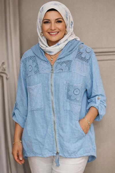 AGORATEKSTİL Women's Original Italian Zippered Lace Mesh K Hooded Jacket