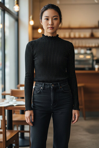 evla Women's Black Wrinkled Fabric Foil Striped Blouse