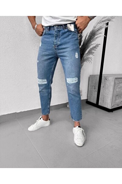 buğrahayalin Men's Blue Ripped Detail Mom Jeans