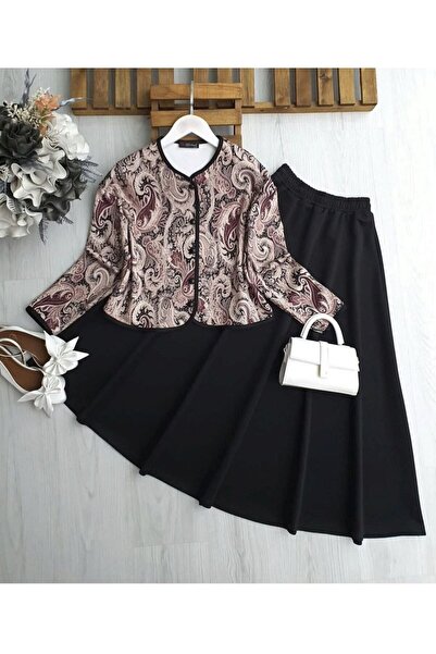 TrendParis Ethnic Patterned Stylish Diver Fabric Jacket & Skirt Two-Piece Set