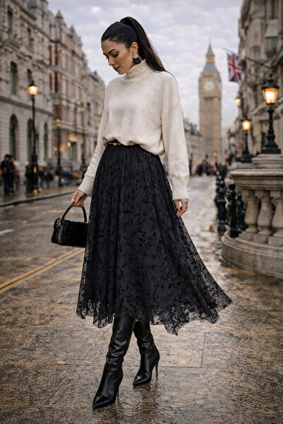 Gugus Women's Flock Printed Lined Tulle Asymmetrical Skirt