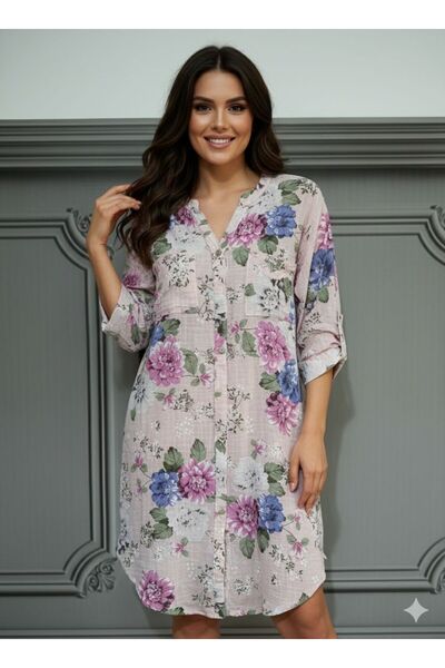 AGORATEKSTİL Women's Original Italian Floral Patterned Short Shirt Dress