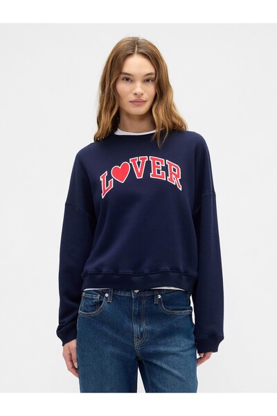 GAP Kadın Lacivert Oversized Grafik Baskılı Sweatshirt