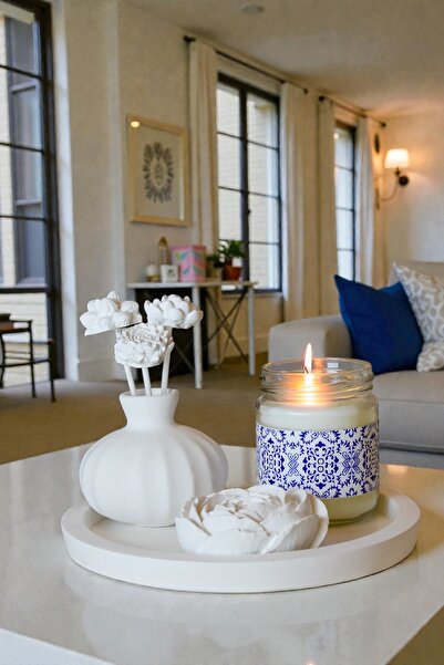 LALEZEN HOME Mavi etnik Desen Etiketli Mum & Çiçekli Vazo & beton gül