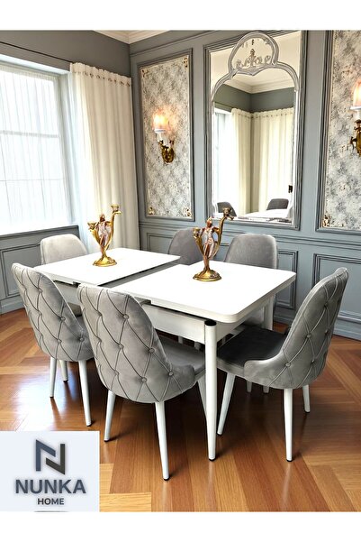 NUNKA HOME Şato Serisi Mutfak ve Salon Yemek Masası Takımı +6 Sandalyeli Gri ...