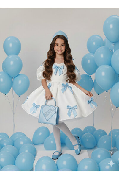 ZAIRE Rochie albă elegantă cu funde roz pentru fete