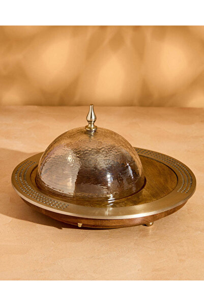 REDTAG طبق خشبي بني دائري بغطاء زجاجي ذهبي