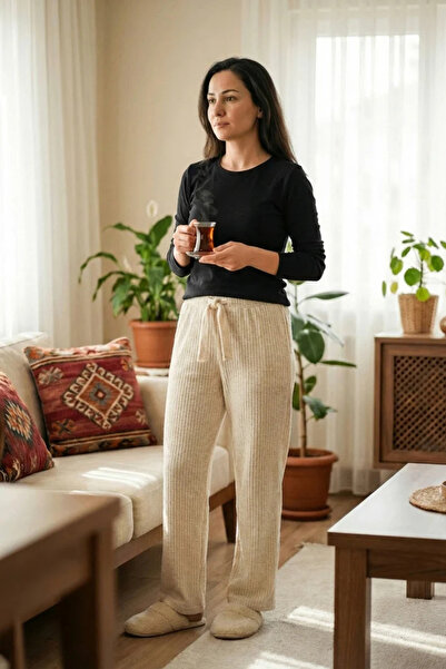 Welly Jones Cream Ribbed Knit Pajama Bottoms Corded Fabric