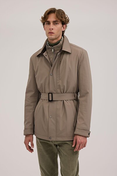 Jakamen Beige Comfort Fit Peter Pan collar Belted Coat