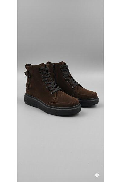 POOMA Genuine Leather Women's Brown Suede Lace-Up and Side Zipper Thick Sole ...