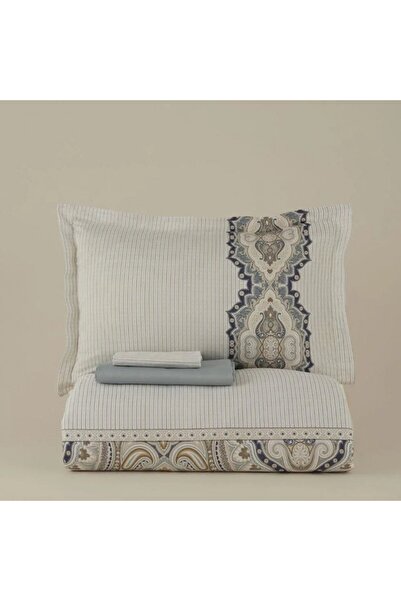 Karaca Lemy Bettwäsche-Set aus 100 % Baumwoll-Satin, Doppelbett, Blau