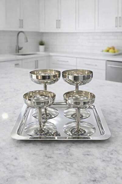 isra kristal Paslanmaz Çelik 4’lü Ayaklı Kase + 1 Adet Tepsi – Lüks Tepsili S...