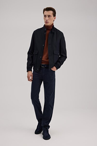 Jakamen Navy Blue Slim Fit Mono Collar Pocketed Jacket Look Coat