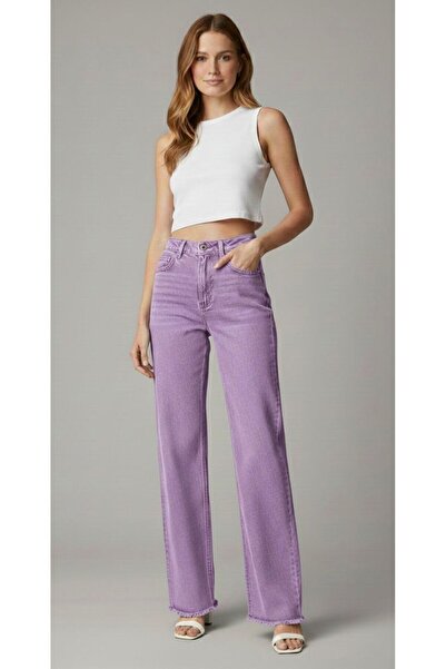 harmony_byharmony Straight Kalıp Mavi/Pembe Paçası Pis Püsküllü Kadın Denim P...