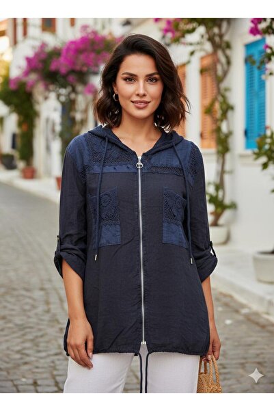 AGORATEKSTİL Women's Original Italian Zippered Lace Mesh K Hooded Jacket